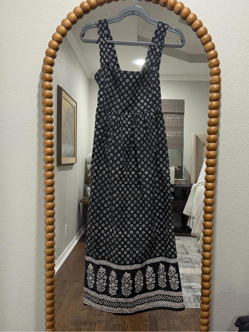 J. Crew Black Printed Square-Neck Midi Dress
